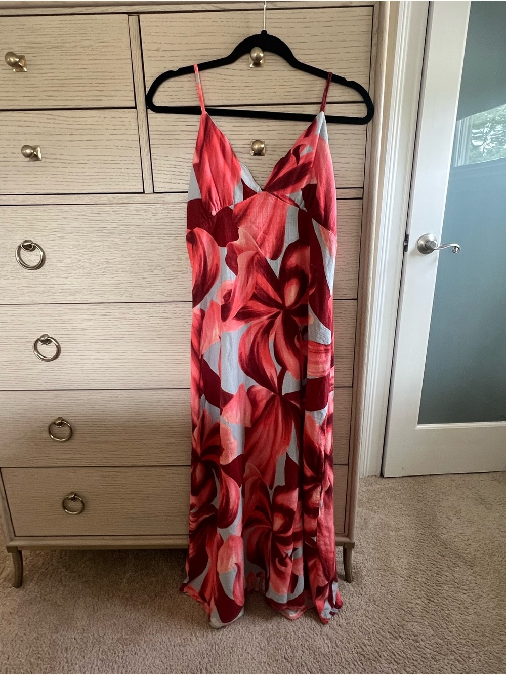 Floral Red Slip Maxi Dress with Spaghetti Straps